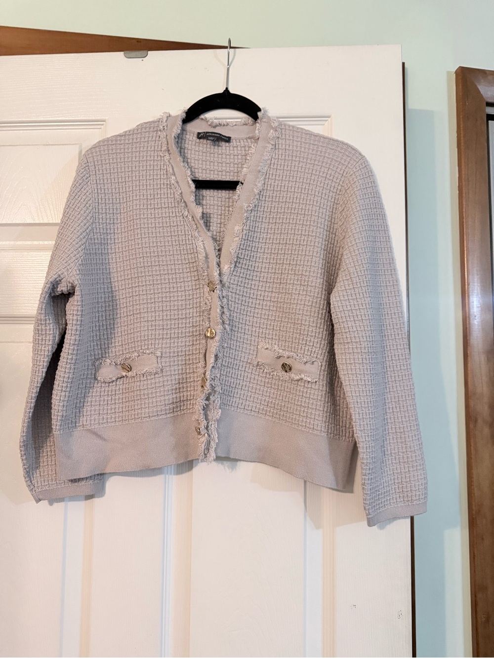 Adrianna Papell Light Gray Frayed-Trim Cardigan with Gold Buttons